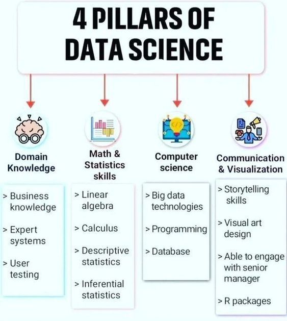 A visually engaging poster titled “The 4 Pillars of Data Science,” featuring four interconnected icons representing data collection, data analysis, machine learning, and data visualization, arranged in a clean, modern layout with bright tech-inspired colors.